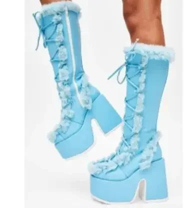 Botas de nieve de piel sintética para mujer con suela de plataforma, cordones y cierre lateral – Botas de invierno hasta la rodilla para días fríos, uso diario y actividades al aire libre
