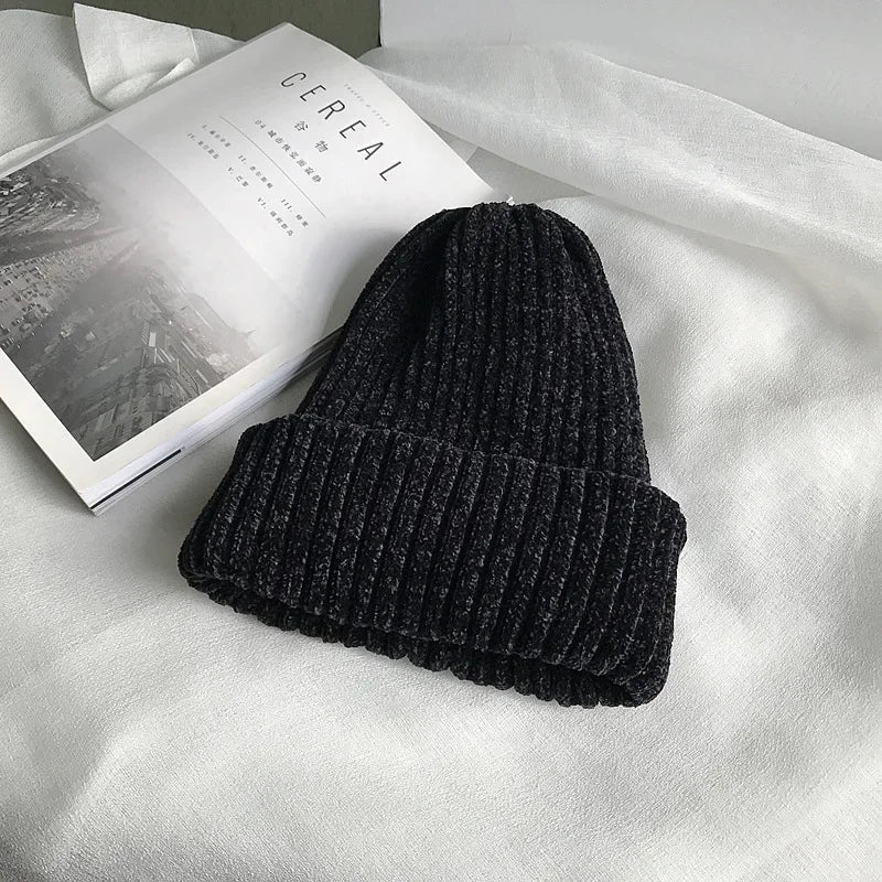 Męska miękka czapka beanie z dzianiny chenille, prążkowanym splotem i wywinięciem – ciepła czapka zimowa na chłodne dni, do noszenia na co dzień i aktywności na świeżym powietrzu