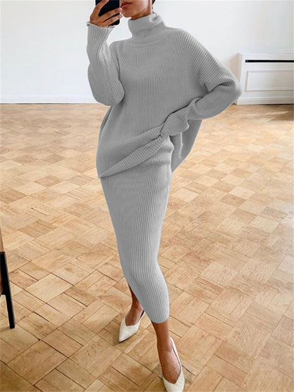 Women's Turtleneck Knit Set With Casual Long-Sleeve Sweater And Slim-Fit Midi Skirt - Elegant 2-Piece Set For Fall, Everyday Wear And Smart Casual Style
