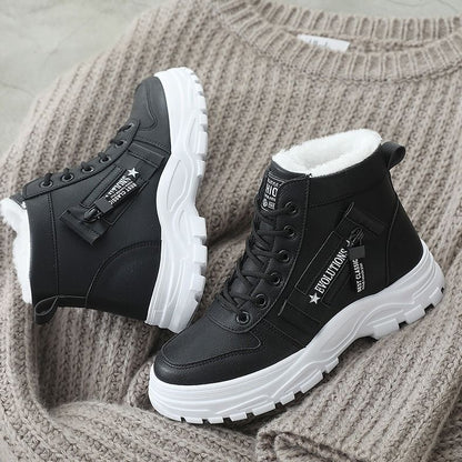 Dámské high-top tenisky na platformě se šněrováním a panelovým designem – kotníková tréninková obuv s robustní profilovanou podrážkou na každý den, volný čas a v moderním stylu