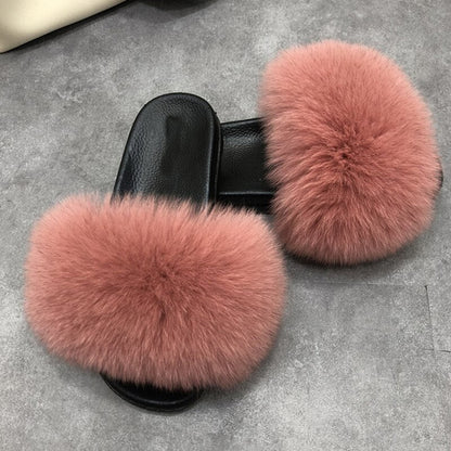 Women's Fluffy Slippers with Fur Strap and Open Toe – Soft Slip-On Slippers for Cozy Days at Home and Casual Wear