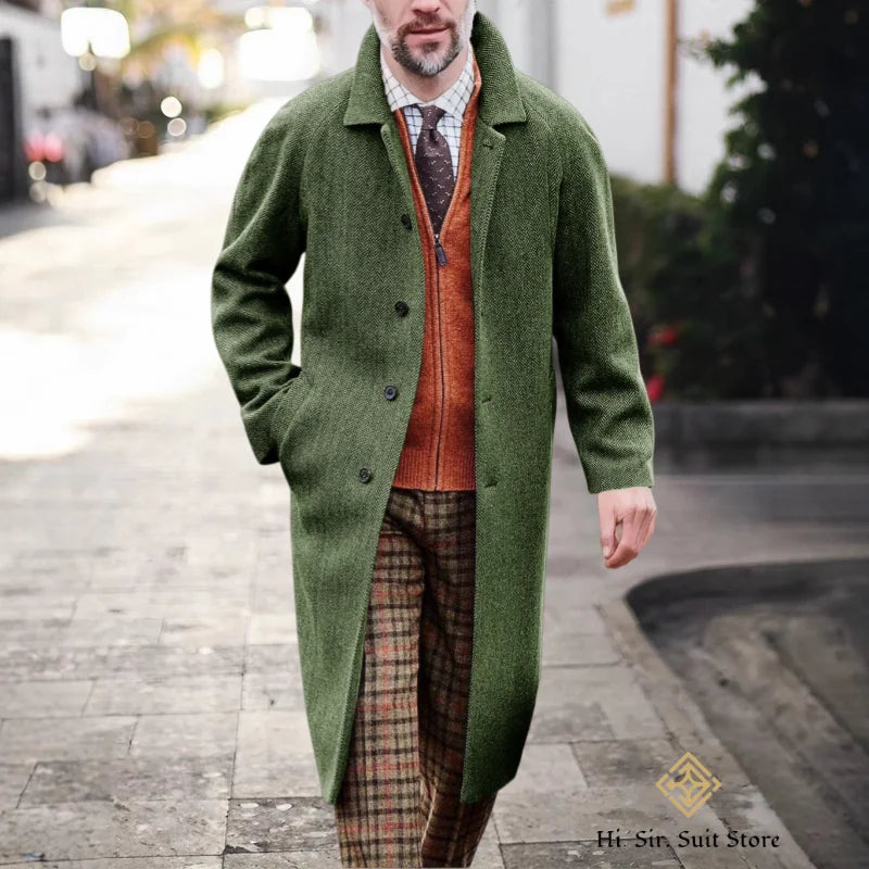 Męski długi płaszcz w jodełkę z domieszką wełny i dopasowanym krojem – elegancki płaszcz zimowy w stylu business casual na formalne okazje