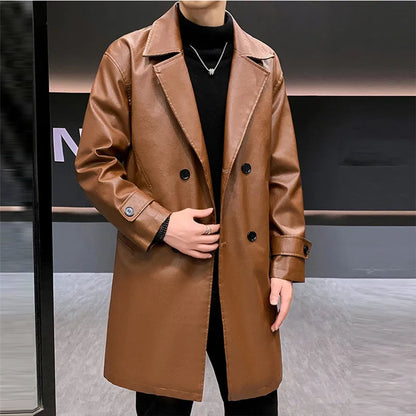 Męski długi trencz ze skóry PU z pikowanym wzorem i klasycznym kołnierzem z klapami – ciepły płaszcz zimowy na chłodne dni, co dzień i do stylu smart casual