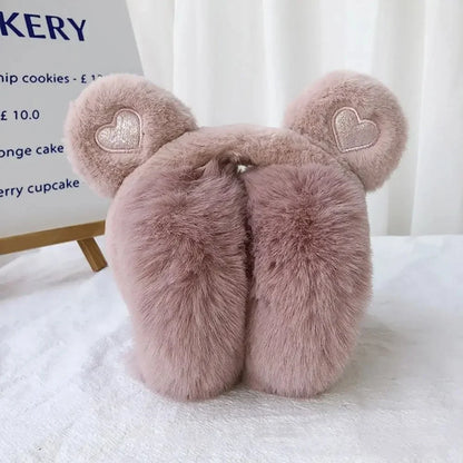 Women's plush winter earmuffs with bear ears and foldable design - cute, warm earmuffs for cold days, outdoor use, and gifting