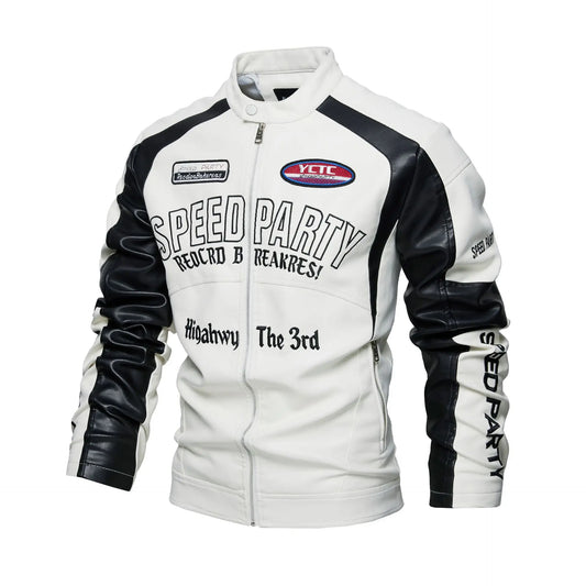 Jachetă bărbătească de motociclist din piele, cu broderie, fermoar și guler ridicat – jachetă inspirată de curse pentru toamnă, purtare zilnică, timp liber și stil streetwear