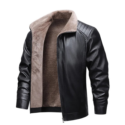 Chaqueta de cuero para hombre, forrada de forro polar, con diseño motero retro y cuello plegado - Chaqueta cálida para otoño, invierno, uso diario y tiempo libre