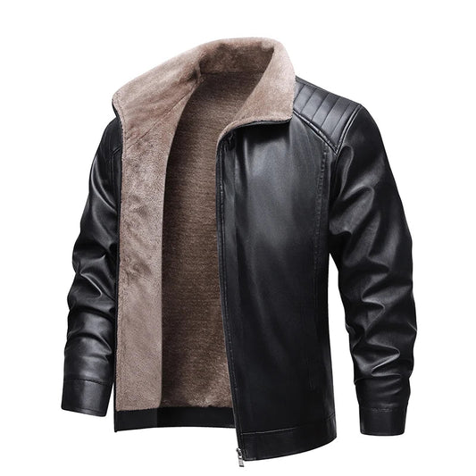 Jachetă bărbătească din piele, căptușită cu fleece, cu design retro de motociclist și guler răsfrânt – jachetă călduroasă pentru toamnă, iarnă, purtare zilnică și timp liber
