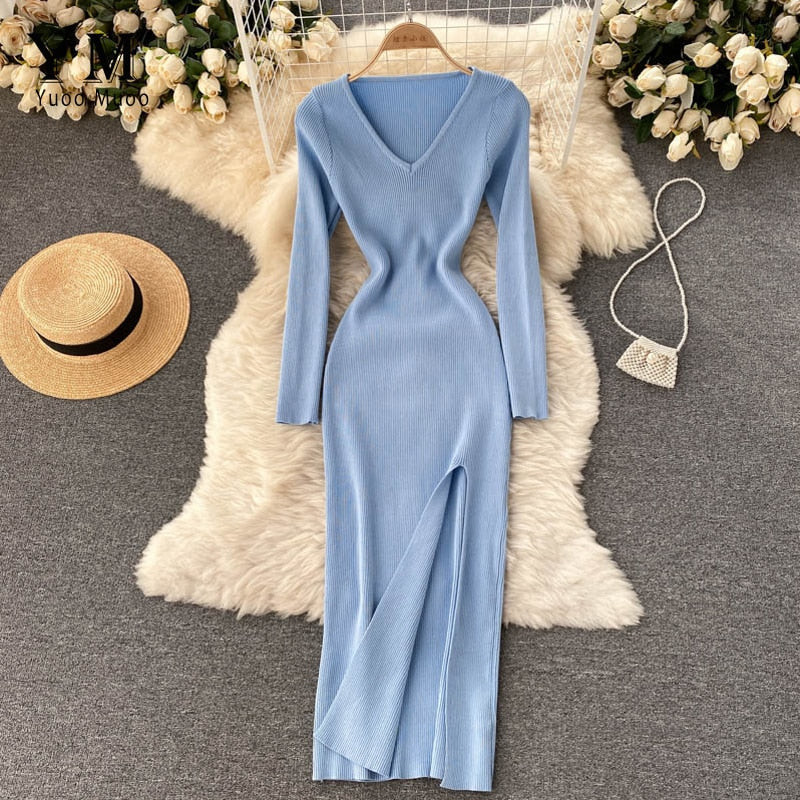 Dame Strikket Maxikjole – Stretch Bodycon Stil Med Høj Slids Til Efterår Og Vinter