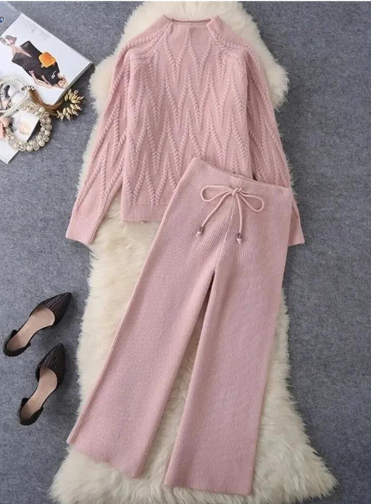 Set de pantaloni damă din tricot cu torsade, cu pulover moale cu mâneci lungi și pantaloni cu croială largă și șnur - Set confortabil din tricot pentru toamnă, iarnă, purtare zilnică și relaxare