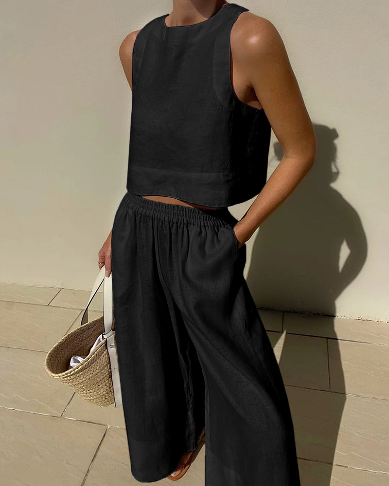 Women's 2-piece cotton and linen set with a sleeveless crop top – wide-leg trousers for summer, vacations, and casual everyday looks
