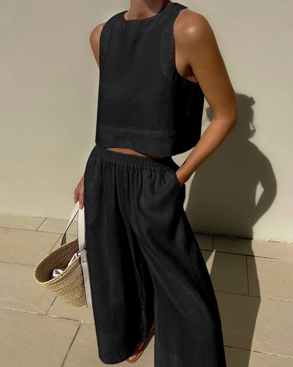 Women's 2-piece cotton and linen set with a sleeveless crop top – wide-leg trousers for summer, vacations, and casual everyday looks