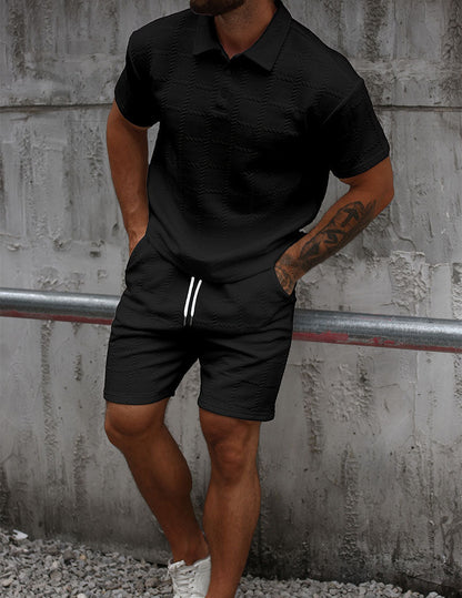 Herre Outfitsæt Med Tekstureret Poloshirt Og Shorts