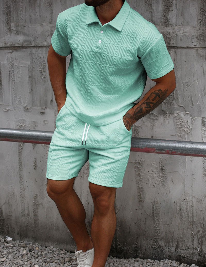 Herre Outfitsæt Med Tekstureret Poloshirt Og Shorts
