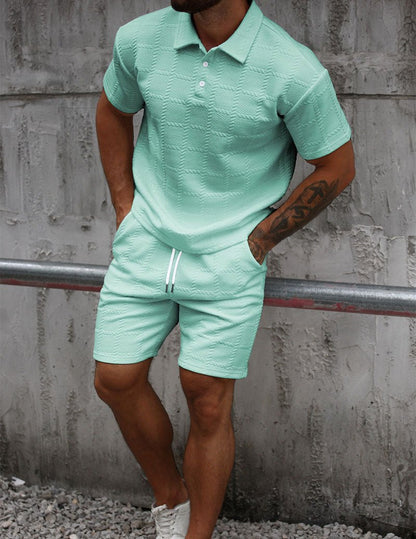 Herre Outfitsæt Med Tekstureret Poloshirt Og Shorts