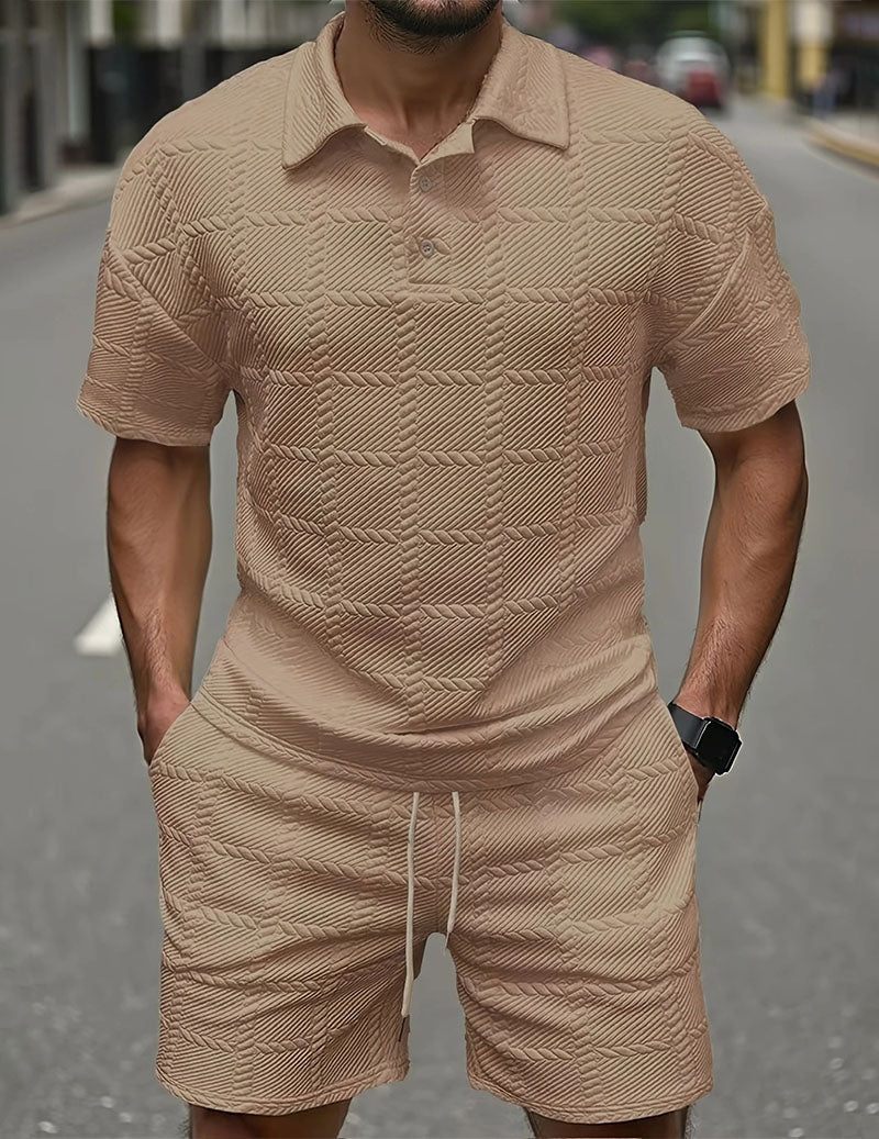 Herre Outfitsæt Med Tekstureret Poloshirt Og Shorts