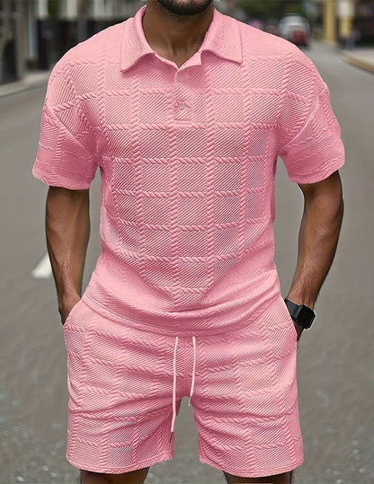 Herre Outfitsæt Med Tekstureret Poloshirt Og Shorts