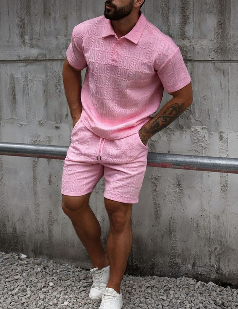 Herre Outfitsæt Med Tekstureret Poloshirt Og Shorts