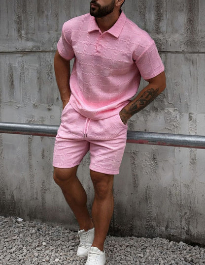 Herre Outfitsæt Med Tekstureret Poloshirt Og Shorts