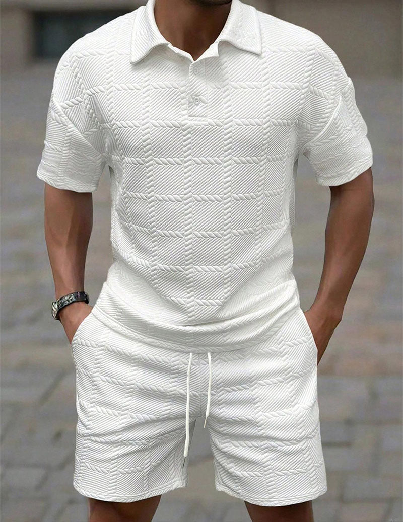 Herre Outfitsæt Med Tekstureret Poloshirt Og Shorts
