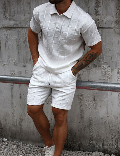 Herre Outfitsæt Med Tekstureret Poloshirt Og Shorts