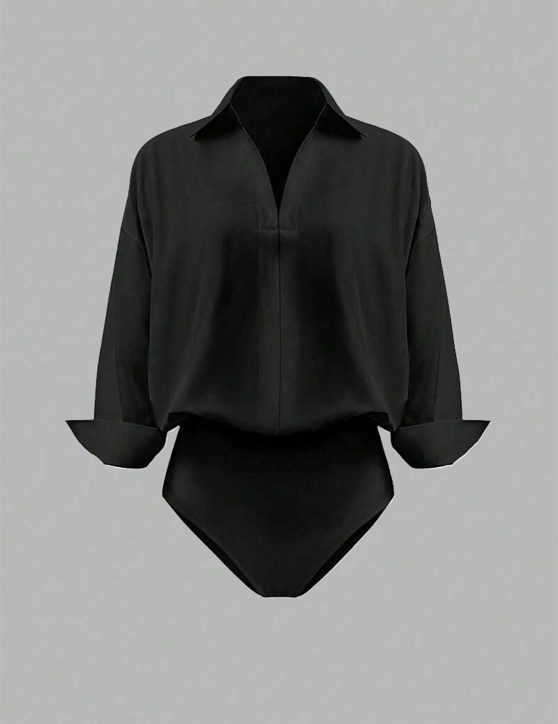 Dame Skjortebodysuit Med Krave Og Draperede Lange Ærmer – Elegant Overdel Til Kontor, Fest, Hverdagsbrug Og Smart Casual Stil
