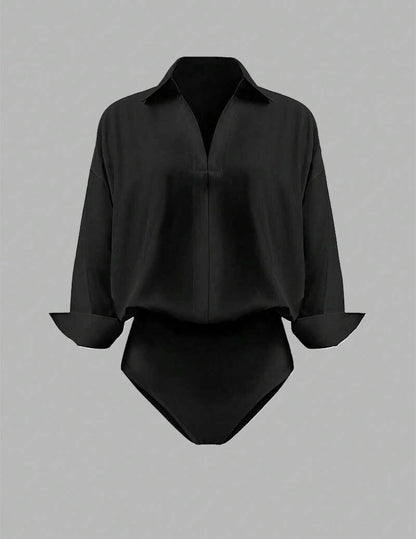 Dame Skjortebodysuit Med Krave Og Draperede Lange Ærmer – Elegant Overdel Til Kontor, Fest, Hverdagsbrug Og Smart Casual Stil