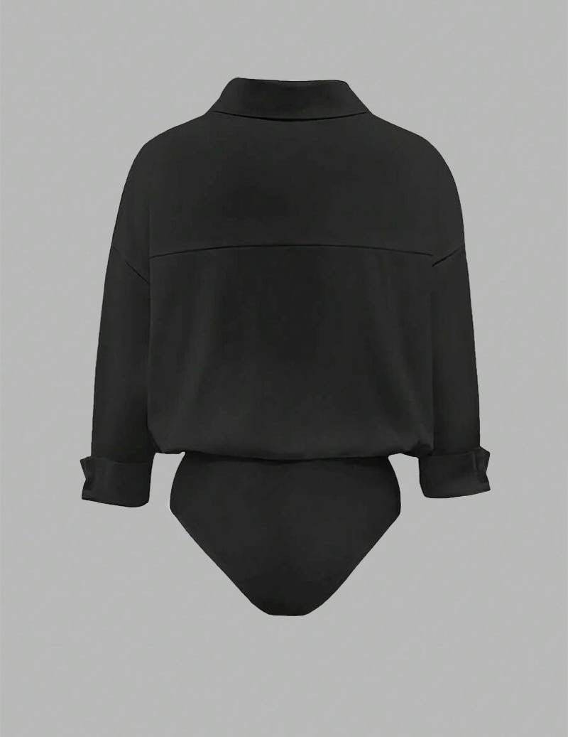 Dame Skjortebodysuit Med Krave Og Draperede Lange Ærmer – Elegant Overdel Til Kontor, Fest, Hverdagsbrug Og Smart Casual Stil
