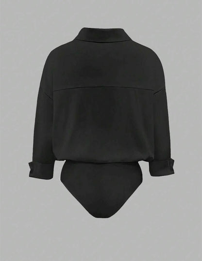 Dame Skjortebodysuit Med Krave Og Draperede Lange Ærmer – Elegant Overdel Til Kontor, Fest, Hverdagsbrug Og Smart Casual Stil