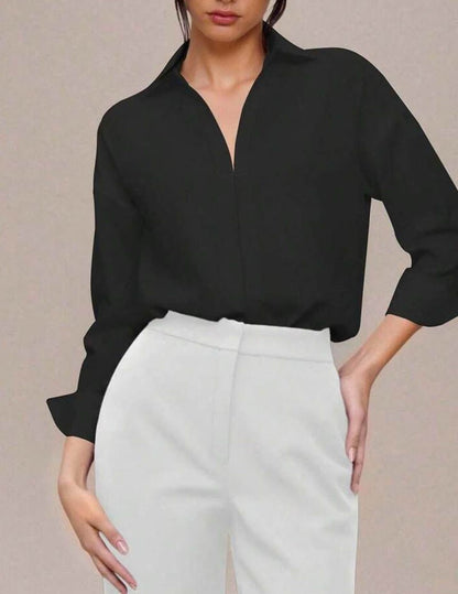 Dame Skjortebodysuit Med Krave Og Draperede Lange Ærmer – Elegant Overdel Til Kontor, Fest, Hverdagsbrug Og Smart Casual Stil