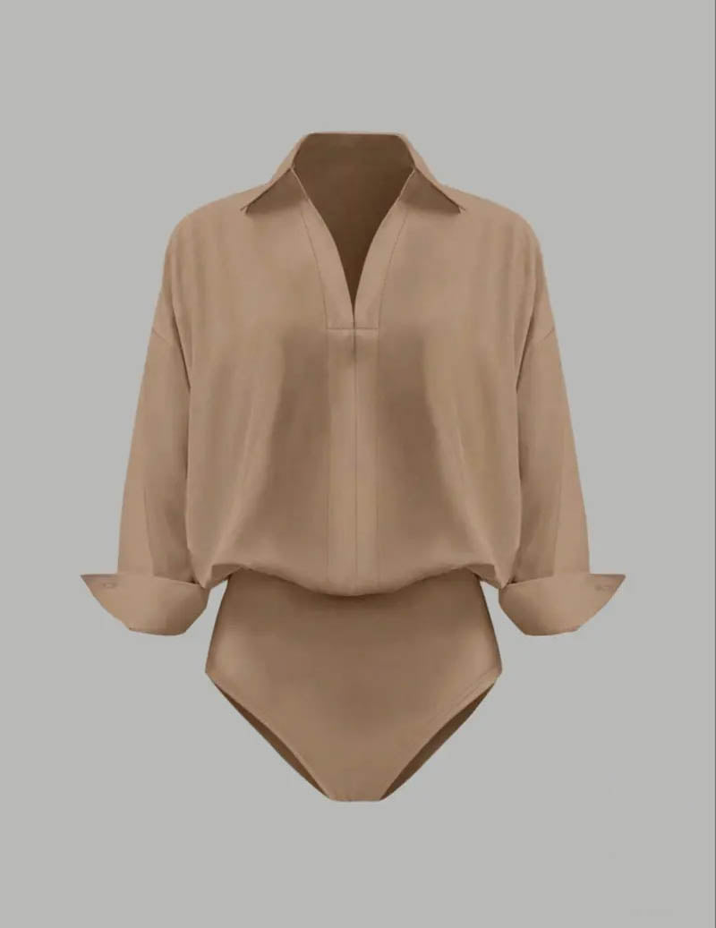 Dame Skjortebodysuit Med Krave Og Draperede Lange Ærmer – Elegant Overdel Til Kontor, Fest, Hverdagsbrug Og Smart Casual Stil