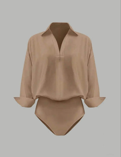 Dame Skjortebodysuit Med Krave Og Draperede Lange Ærmer – Elegant Overdel Til Kontor, Fest, Hverdagsbrug Og Smart Casual Stil