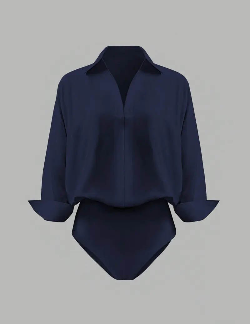 Dame Skjortebodysuit Med Krave Og Draperede Lange Ærmer – Elegant Overdel Til Kontor, Fest, Hverdagsbrug Og Smart Casual Stil
