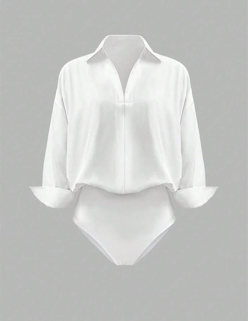 Dame Skjortebodysuit Med Krave Og Draperede Lange Ærmer – Elegant Overdel Til Kontor, Fest, Hverdagsbrug Og Smart Casual Stil