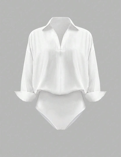 Dame Skjortebodysuit Med Krave Og Draperede Lange Ærmer – Elegant Overdel Til Kontor, Fest, Hverdagsbrug Og Smart Casual Stil