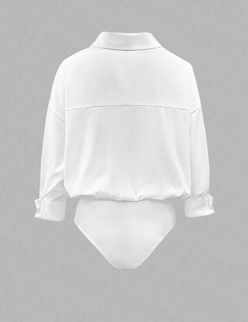 Dame Skjortebodysuit Med Krave Og Draperede Lange Ærmer – Elegant Overdel Til Kontor, Fest, Hverdagsbrug Og Smart Casual Stil