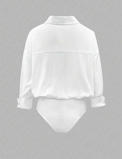 Dame Skjortebodysuit Med Krave Og Draperede Lange Ærmer – Elegant Overdel Til Kontor, Fest, Hverdagsbrug Og Smart Casual Stil