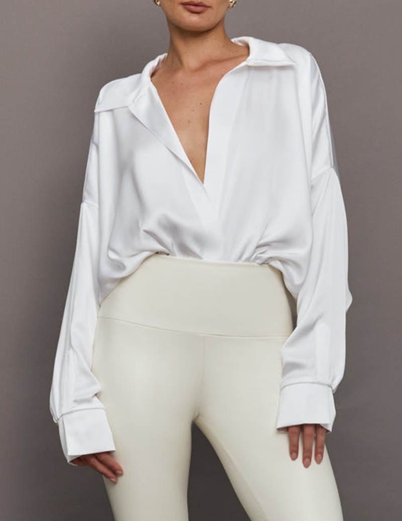 Dame Skjortebodysuit Med Krave Og Draperede Lange Ærmer – Elegant Overdel Til Kontor, Fest, Hverdagsbrug Og Smart Casual Stil