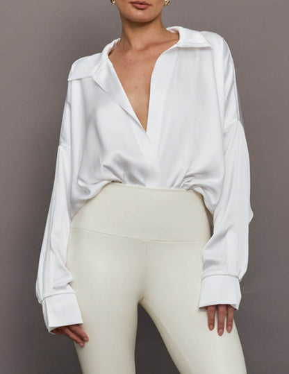Dame Skjortebodysuit Med Krave Og Draperede Lange Ærmer – Elegant Overdel Til Kontor, Fest, Hverdagsbrug Og Smart Casual Stil