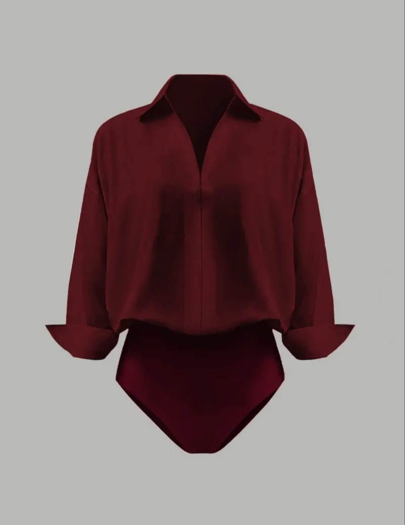 Dame Skjortebodysuit Med Krave Og Draperede Lange Ærmer – Elegant Overdel Til Kontor, Fest, Hverdagsbrug Og Smart Casual Stil