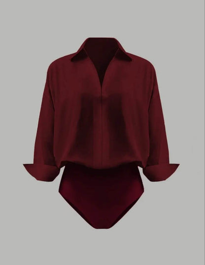 Dame Skjortebodysuit Med Krave Og Draperede Lange Ærmer – Elegant Overdel Til Kontor, Fest, Hverdagsbrug Og Smart Casual Stil