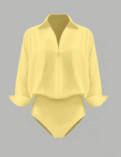 Dame Skjortebodysuit Med Krave Og Draperede Lange Ærmer – Elegant Overdel Til Kontor, Fest, Hverdagsbrug Og Smart Casual Stil