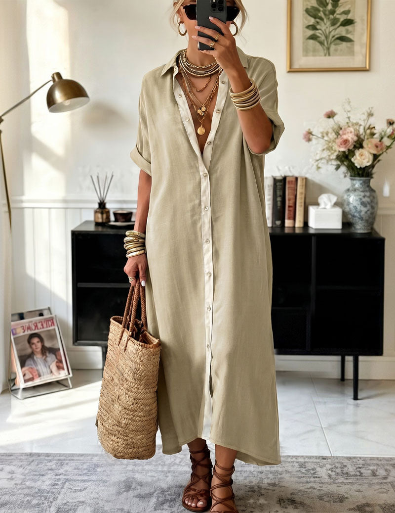 Dame Oversized Maxiskjortekjole Med Kontrastknapstolpe