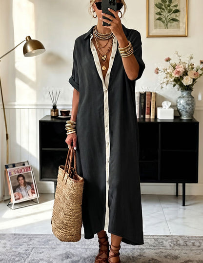 Dame Oversized Maxiskjortekjole Med Kontrastknapstolpe