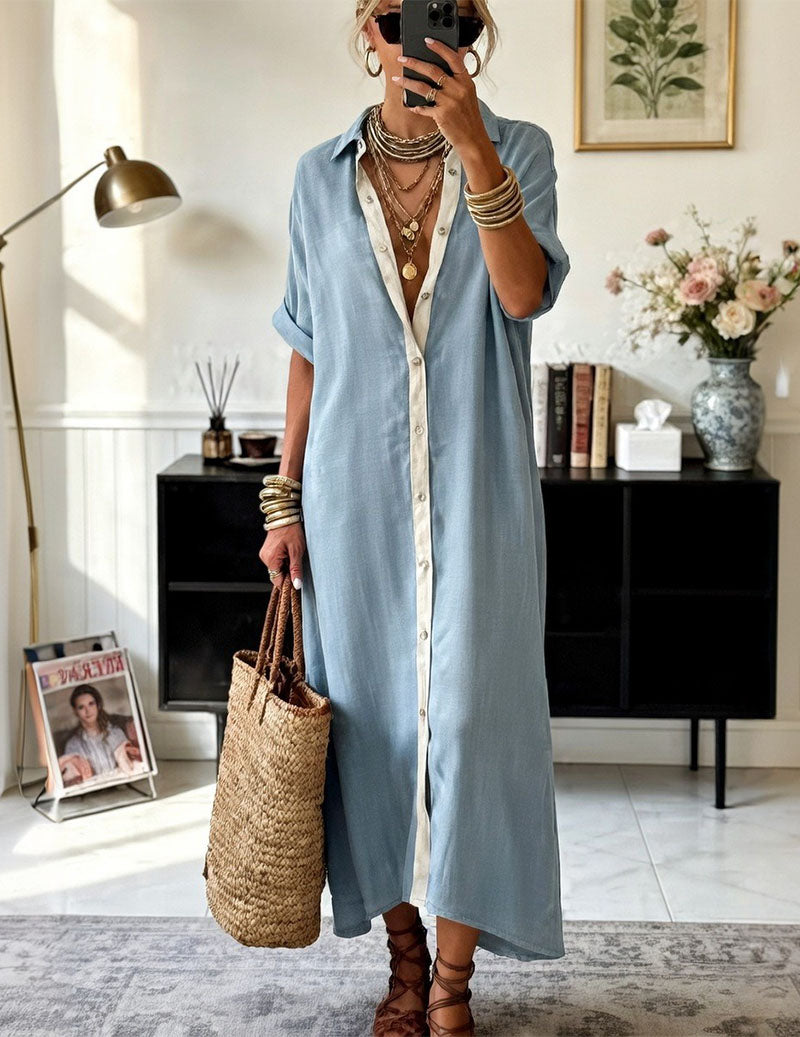 Dame Oversized Maxiskjortekjole Med Kontrastknapstolpe