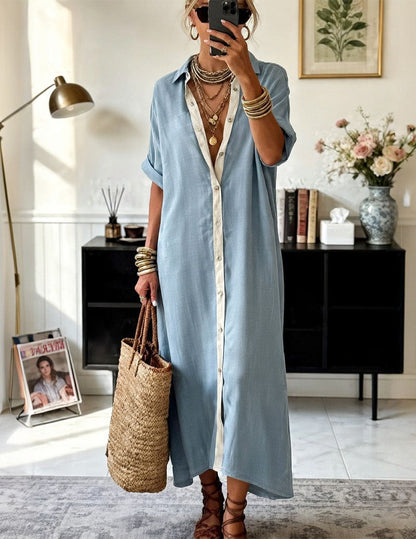 Dame Oversized Maxiskjortekjole Med Kontrastknapstolpe