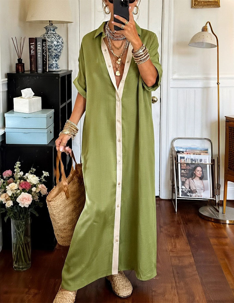 Dame Oversized Maxiskjortekjole Med Kontrastknapstolpe