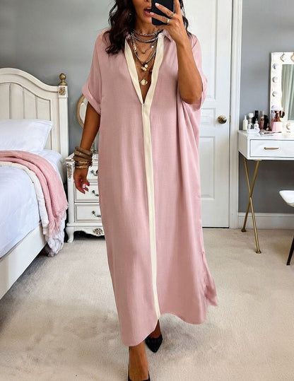 Dame Oversized Maxiskjortekjole Med Kontrastknapstolpe
