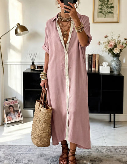 Dame Oversized Maxiskjortekjole Med Kontrastknapstolpe