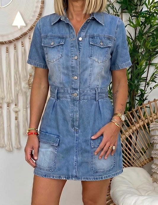 Women's denim mini dress with button front and cargo pockets