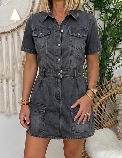 Dame Denim Minikjole Med Knapfront Og Cargolommer